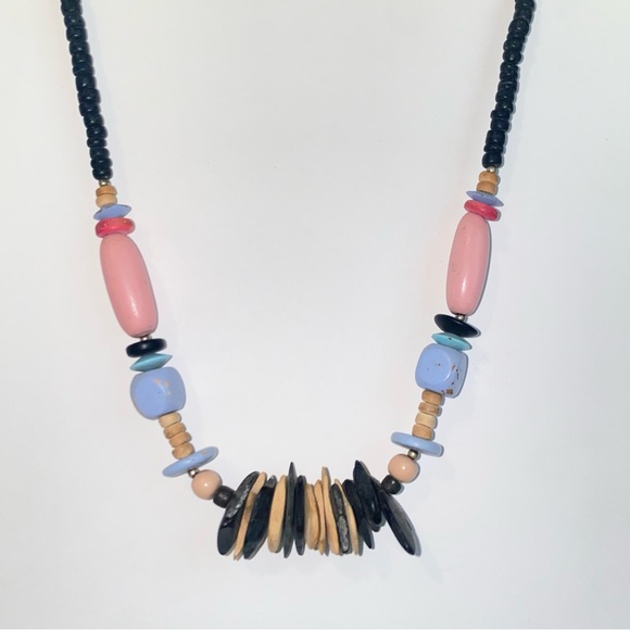 Vintage 80s Wood Bead and Stone Chip Statement Piece Necklace Pastels & Black - Picture 8 of 9
